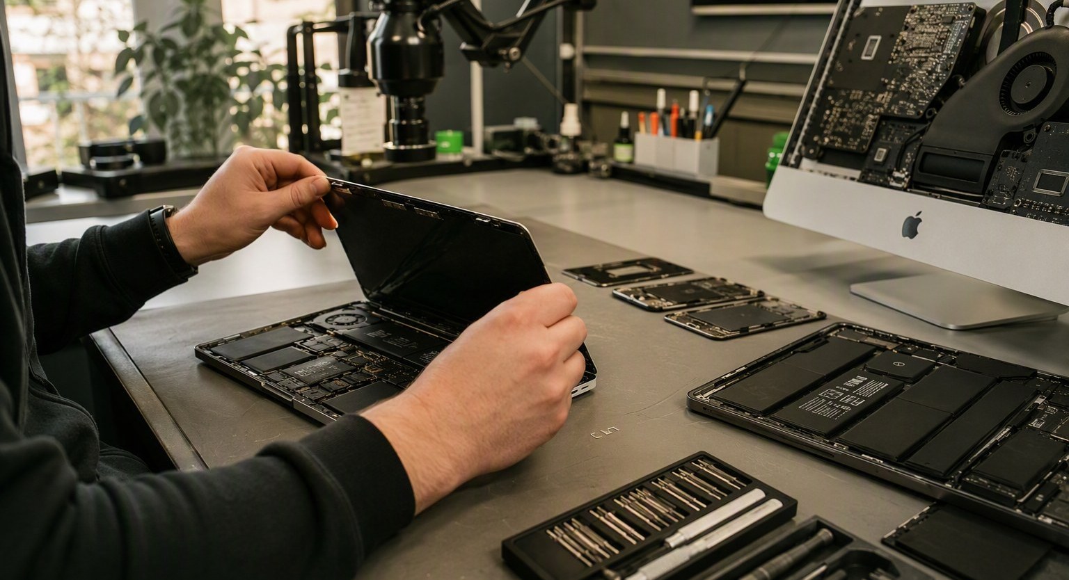 Inside the FixMac workshop in Claremont, Cape Town, where Apple devices are repaired on the bench