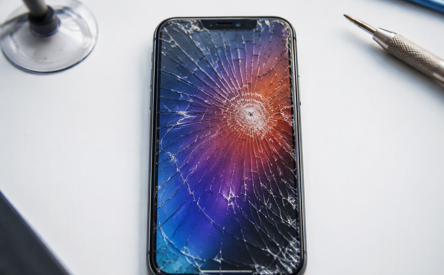 Cracked iPhone screen with spiderweb damage before repair at FixMac Cape Town