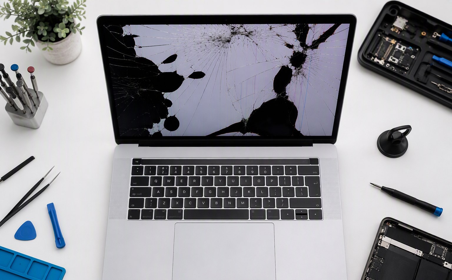 MacBook Pro with cracked display and ink damage before repair at FixMac Cape Town