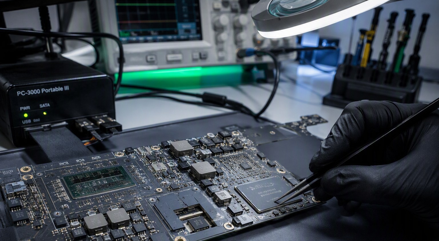 Chip-level data recovery on a MacBook logic board at the FixMac workshop in Claremont, Cape Town