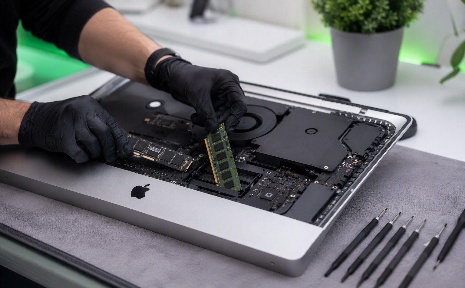 Technician installing an SSD and RAM upgrade inside an iMac at the FixMac workshop in Claremont, Cape Town