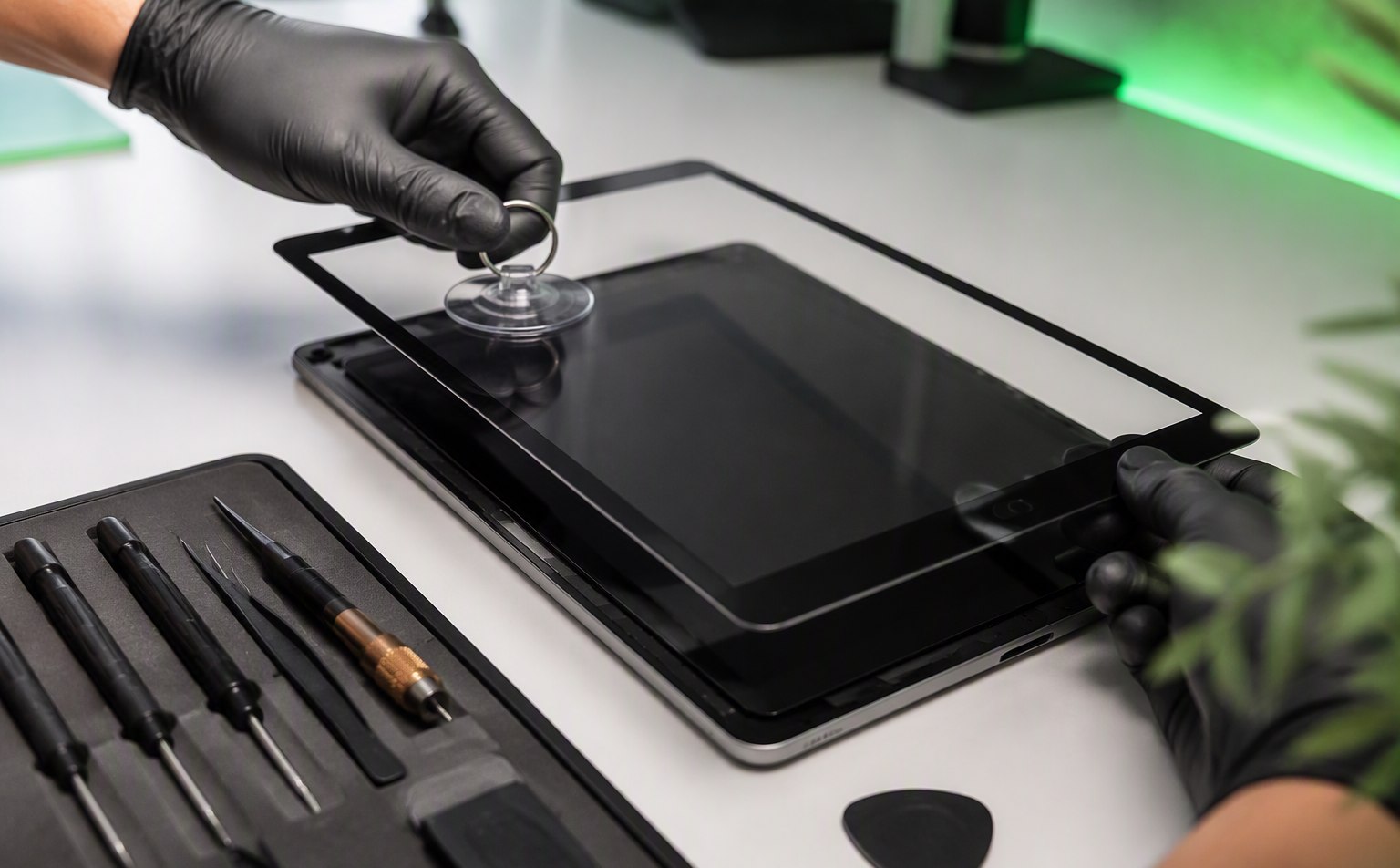 Technician fitting a new digitiser glass screen on an iPad at the FixMac workshop in Claremont, Cape Town