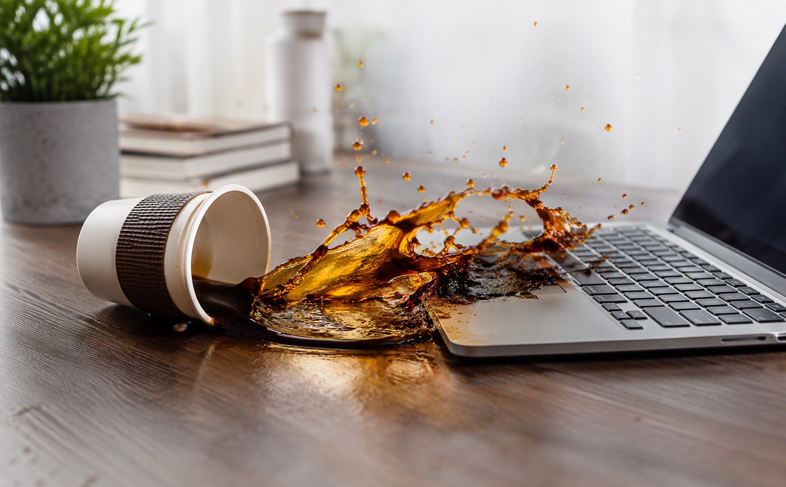 Coffee spilling toward a MacBook laptop, a common liquid damage repair at FixMac in Claremont, Cape Town